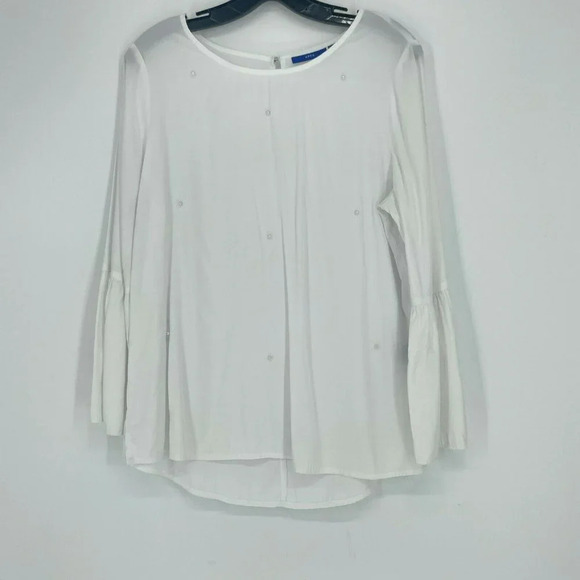 Apt. 9 Blouse Women's M White Round Neck Bell Long Sleeves High Low Hem Keyhole - Picture 1 of 8